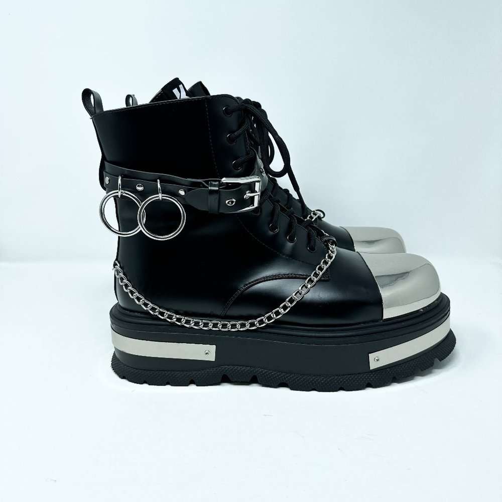 **SOLD**Koi Borin Metal Hardware Platform Combat Boots Black Mens 10 Chains - Picture 1 of 16
